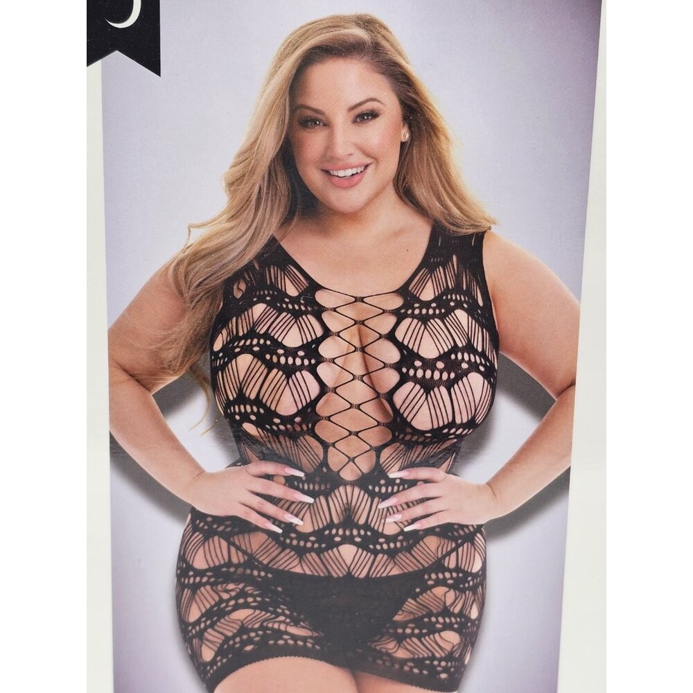 Baci Lingerie Women's Queen Size 14-18 Black Sheer Corset Front Lace Mini Dress